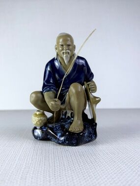 Shiwan Style Mudman Fisherman Figurine Blue Robe Chinese Ceramic Sculpture